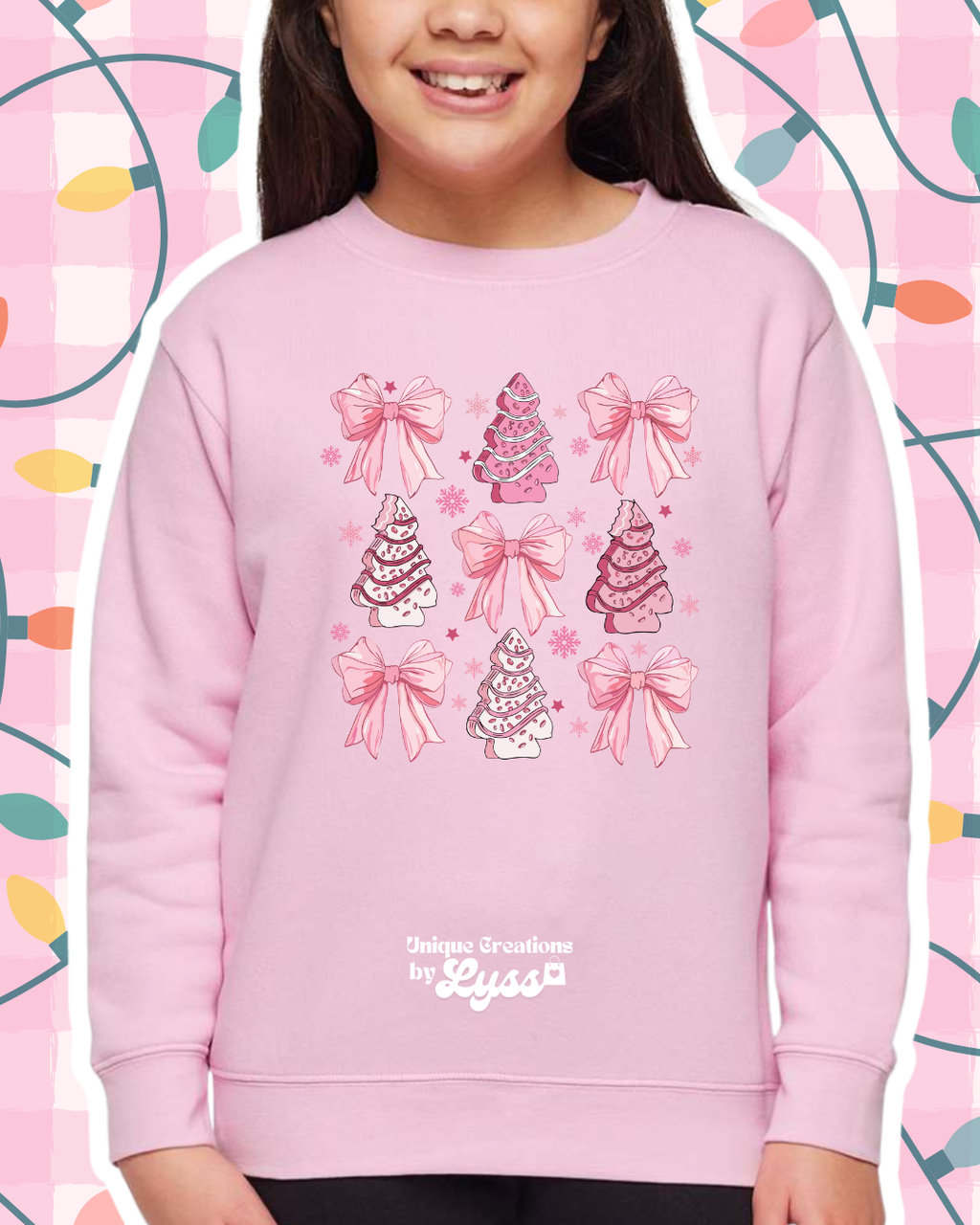 PINK CHRISTMAS TREE COLLAGE YOUTH SWEATER/TEE