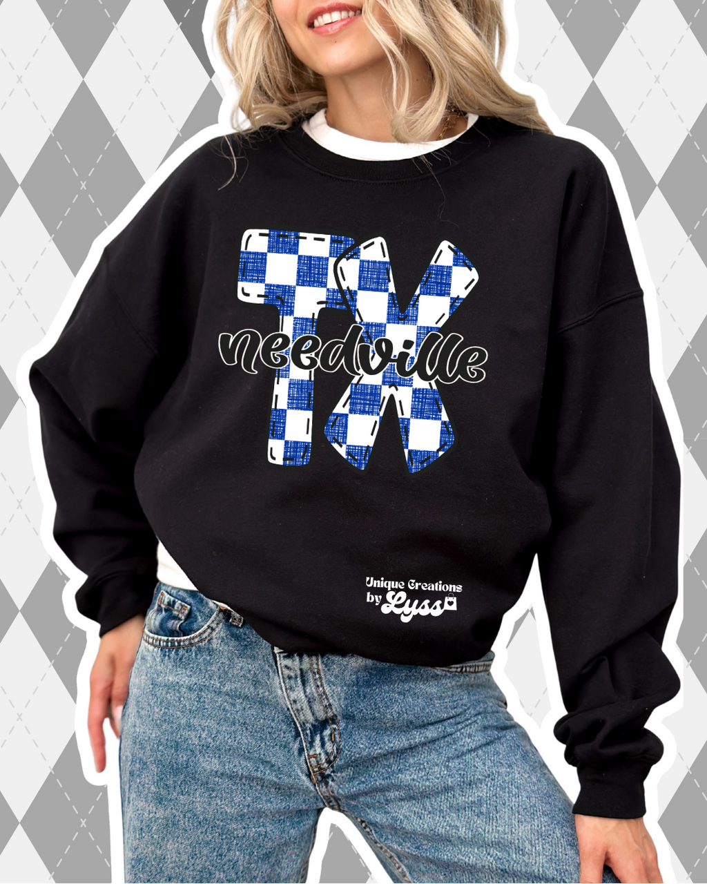 CHECKERED NEEDVILLE TX TEE/SWEATER